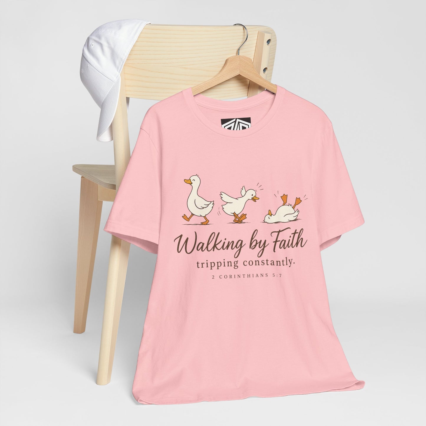 Walking By Faith T-Shirt — Cute Duck Illustration, “Walking by Faith, tripping constantly” Christian Tee