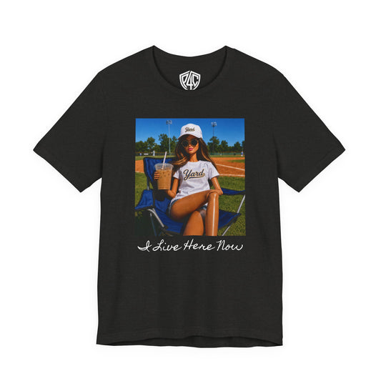 Baseball Barbie Retro Summer Vibes Tee — “I Live Here Now” Graphic T-Shirt