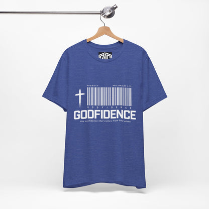 Godfidence T-Shirt — Christian Faith Tee with Cross & Barcode Design