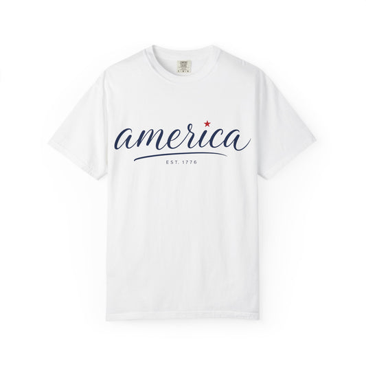 America Script T‑Shirt – Patriotic "America" Graphic Tee (Est. 1776)
