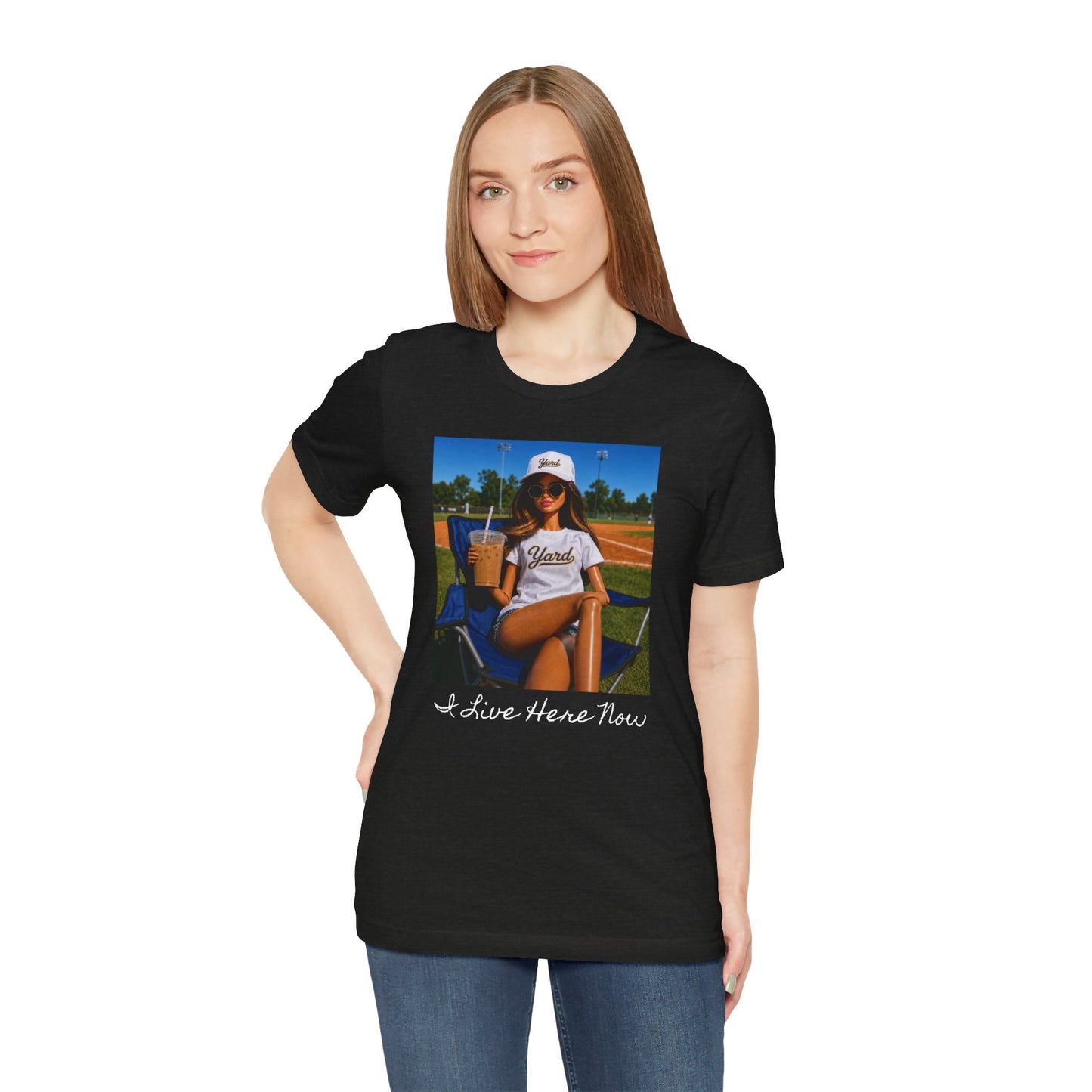 Baseball Barbie Retro Summer Vibes Tee — “I Live Here Now” Graphic T-Shirt