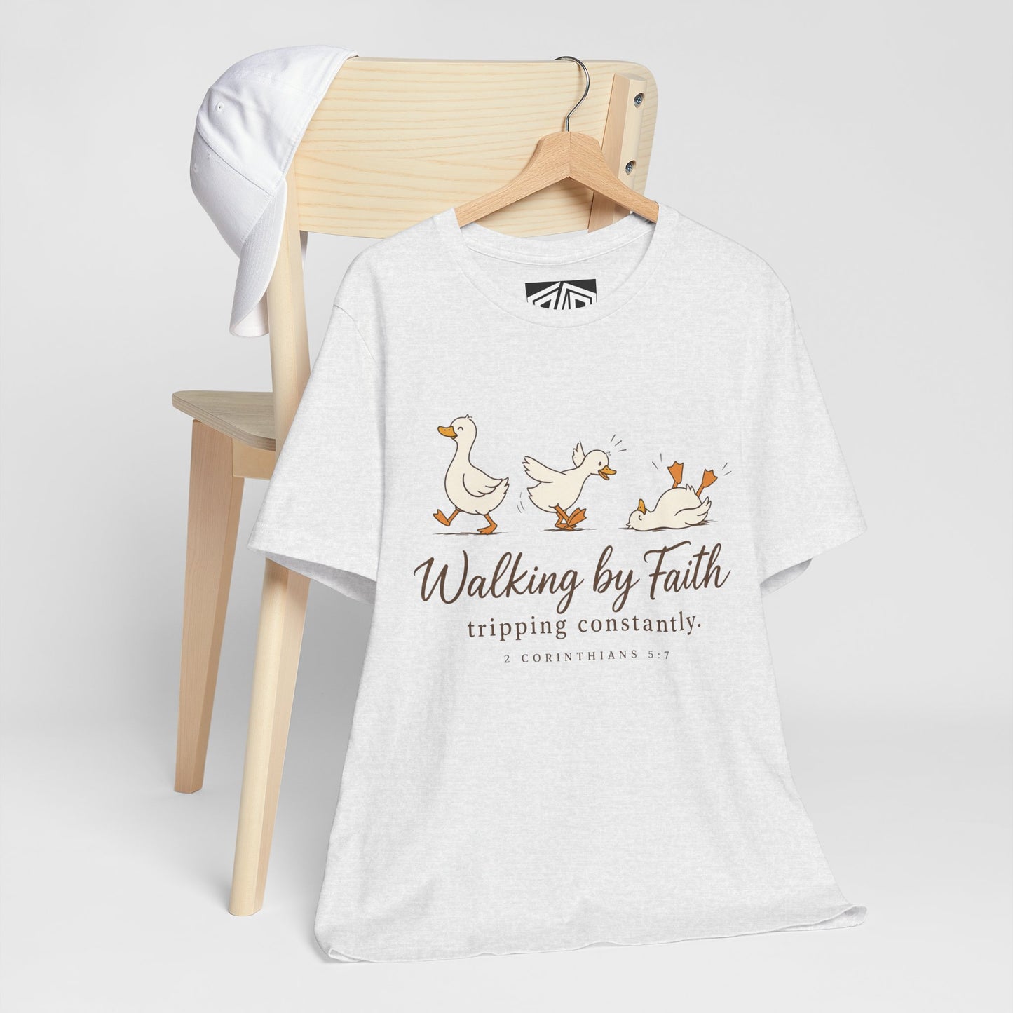 Walking By Faith T-Shirt — Cute Duck Illustration, “Walking by Faith, tripping constantly” Christian Tee