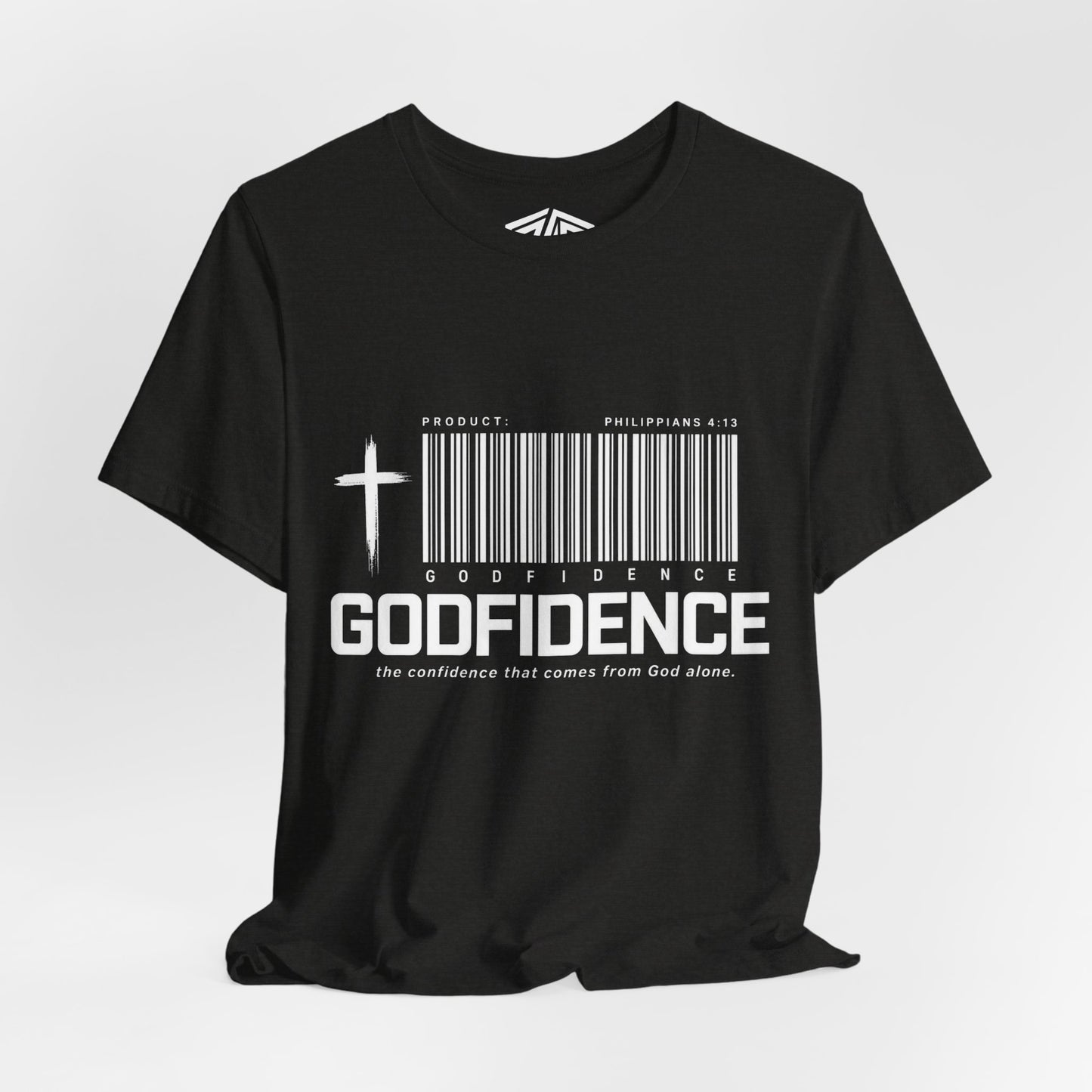 Godfidence T-Shirt — Christian Faith Tee with Cross & Barcode Design