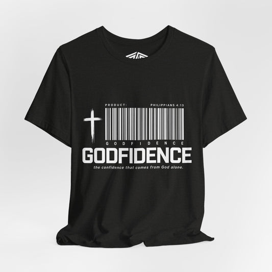 Godfidence T-Shirt — Christian Faith Tee with Cross & Barcode Design