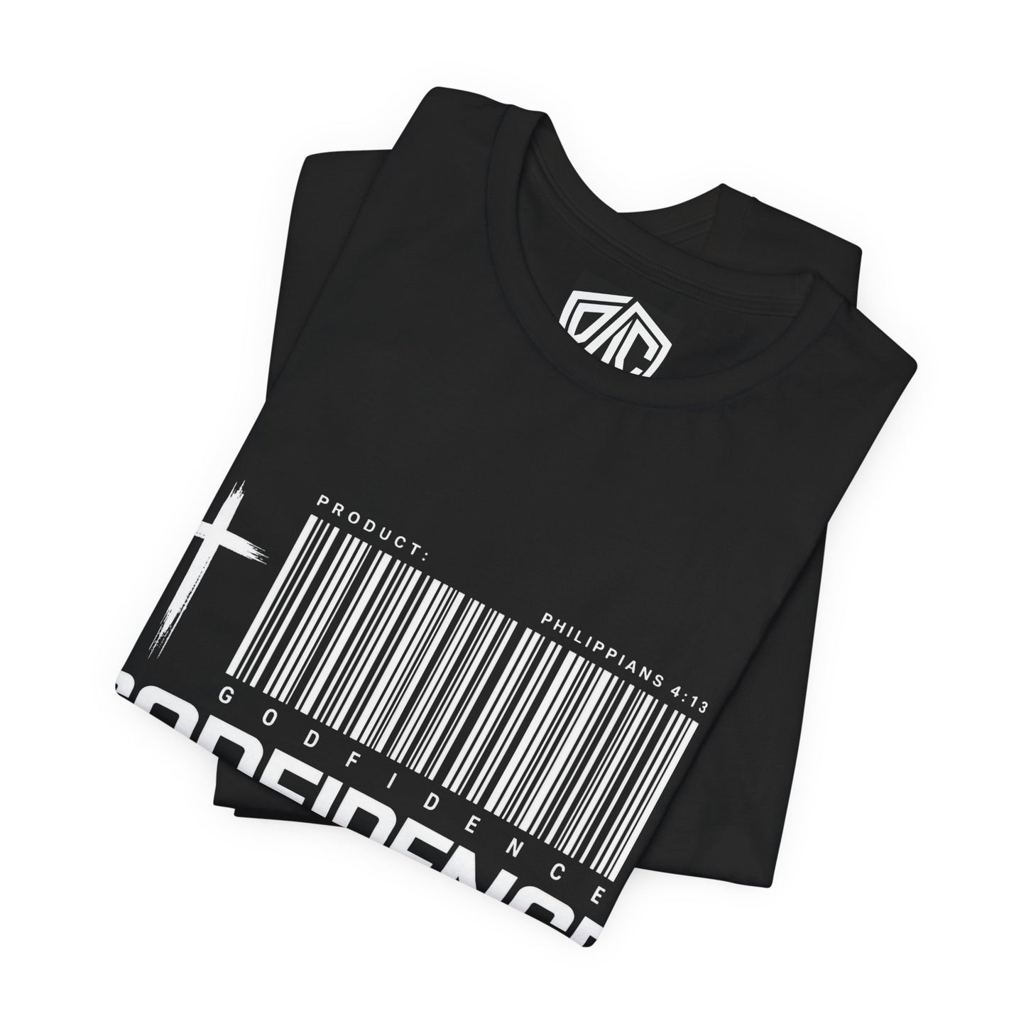 Godfidence T-Shirt — Christian Faith Tee with Cross & Barcode Design