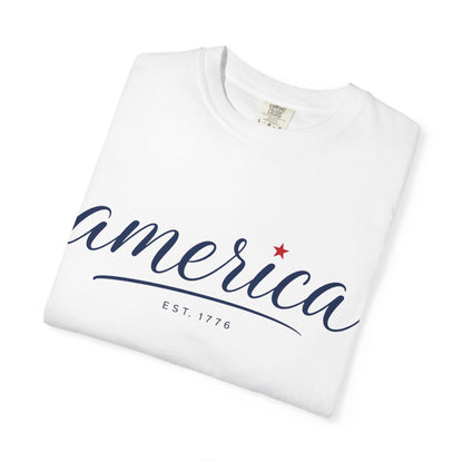 America Script T‑Shirt – Patriotic "America" Graphic Tee (Est. 1776)