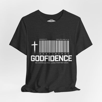 Godfidence T-Shirt — Christian Faith Tee with Cross & Barcode Design