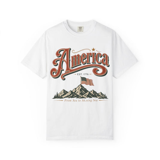 America Vintage Flag T-Shirt — Patriotic Mountain Graphic (From Sea to Shining Sea)