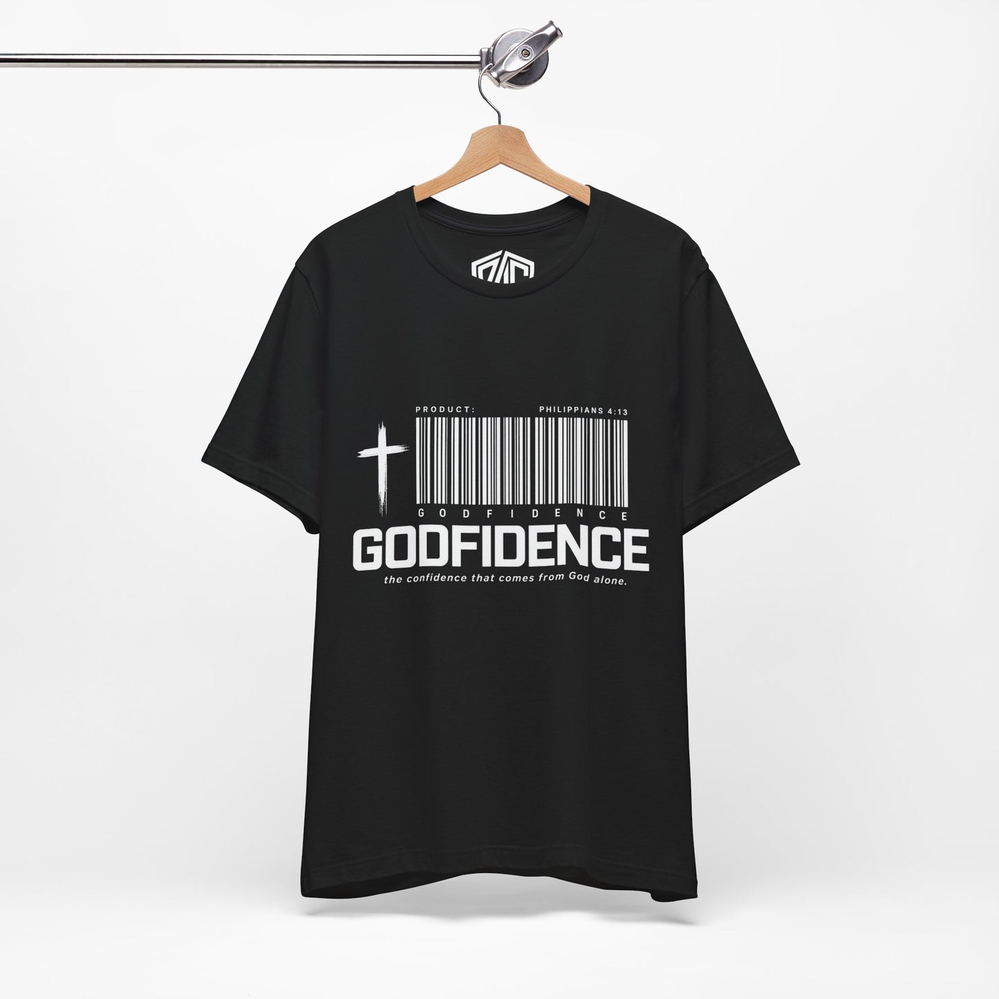 Godfidence T-Shirt — Christian Faith Tee with Cross & Barcode Design