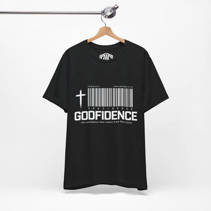 Godfidence T-Shirt — Christian Faith Tee with Cross & Barcode Design