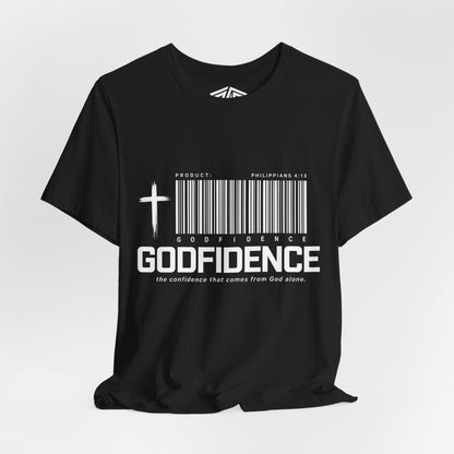 Godfidence T-Shirt — Christian Faith Tee with Cross & Barcode Design