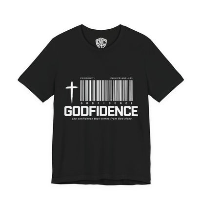 Godfidence T-Shirt — Christian Faith Tee with Cross & Barcode Design