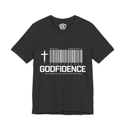 Godfidence T-Shirt — Christian Faith Tee with Cross & Barcode Design