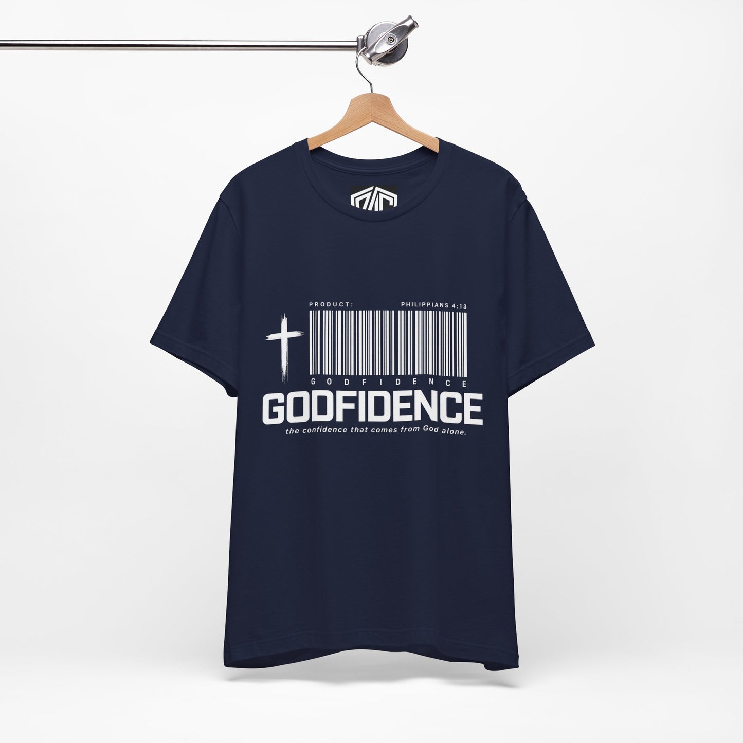 Godfidence T-Shirt — Christian Faith Tee with Cross & Barcode Design