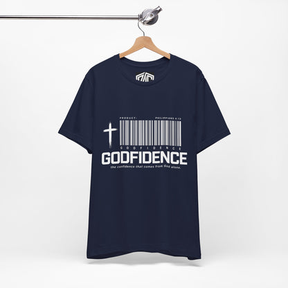 Godfidence T-Shirt — Christian Faith Tee with Cross & Barcode Design