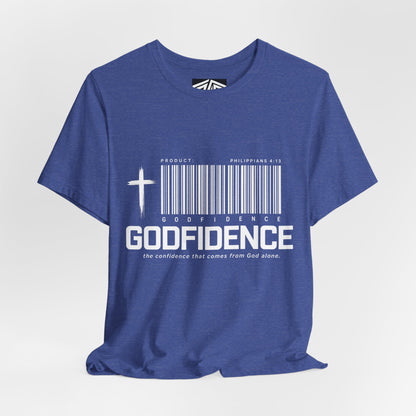 Godfidence T-Shirt — Christian Faith Tee with Cross & Barcode Design