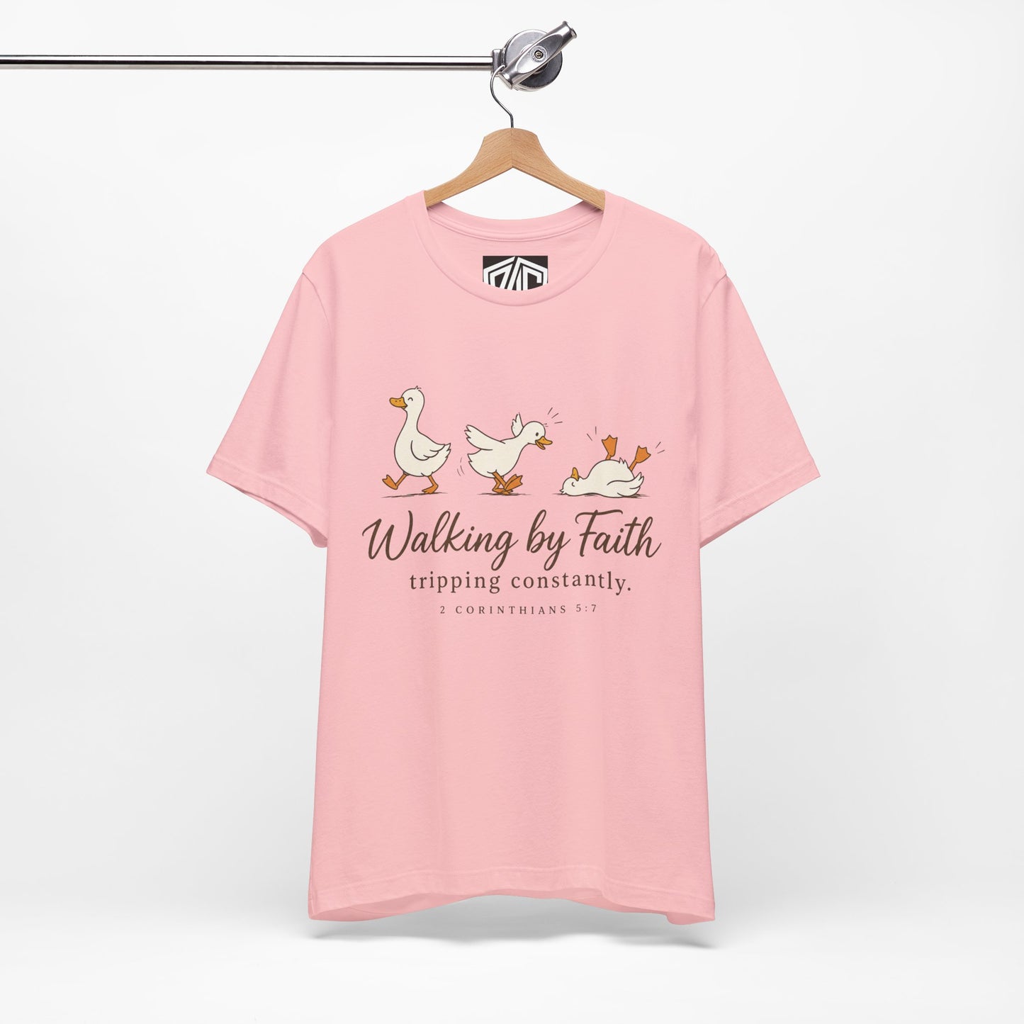 Walking By Faith T-Shirt — Cute Duck Illustration, “Walking by Faith, tripping constantly” Christian Tee