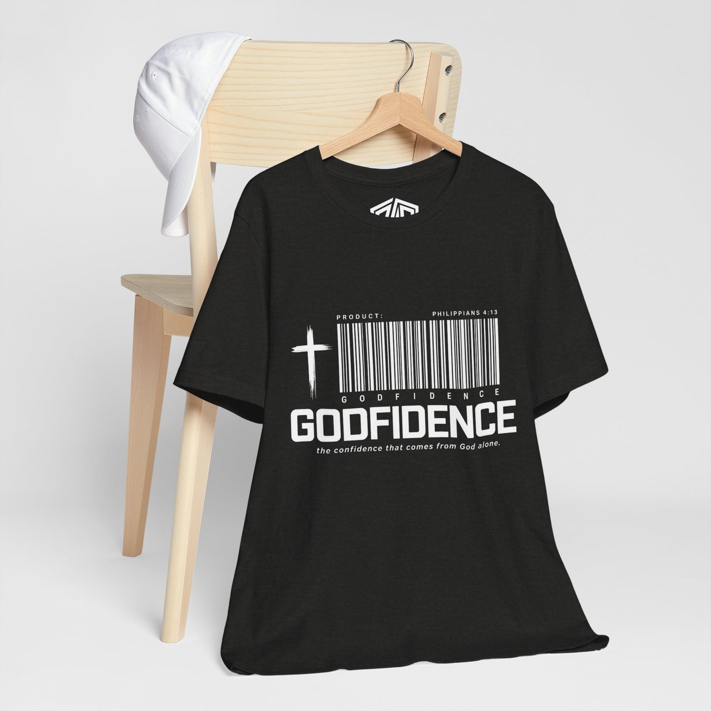 Godfidence T-Shirt — Christian Faith Tee with Cross & Barcode Design