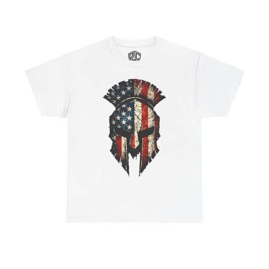 American Spartan Helmet T-Shirt — Distressed USA Flag Graphic Tee