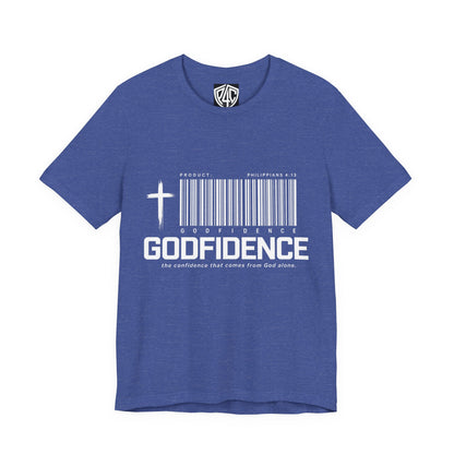 Godfidence T-Shirt — Christian Faith Tee with Cross & Barcode Design