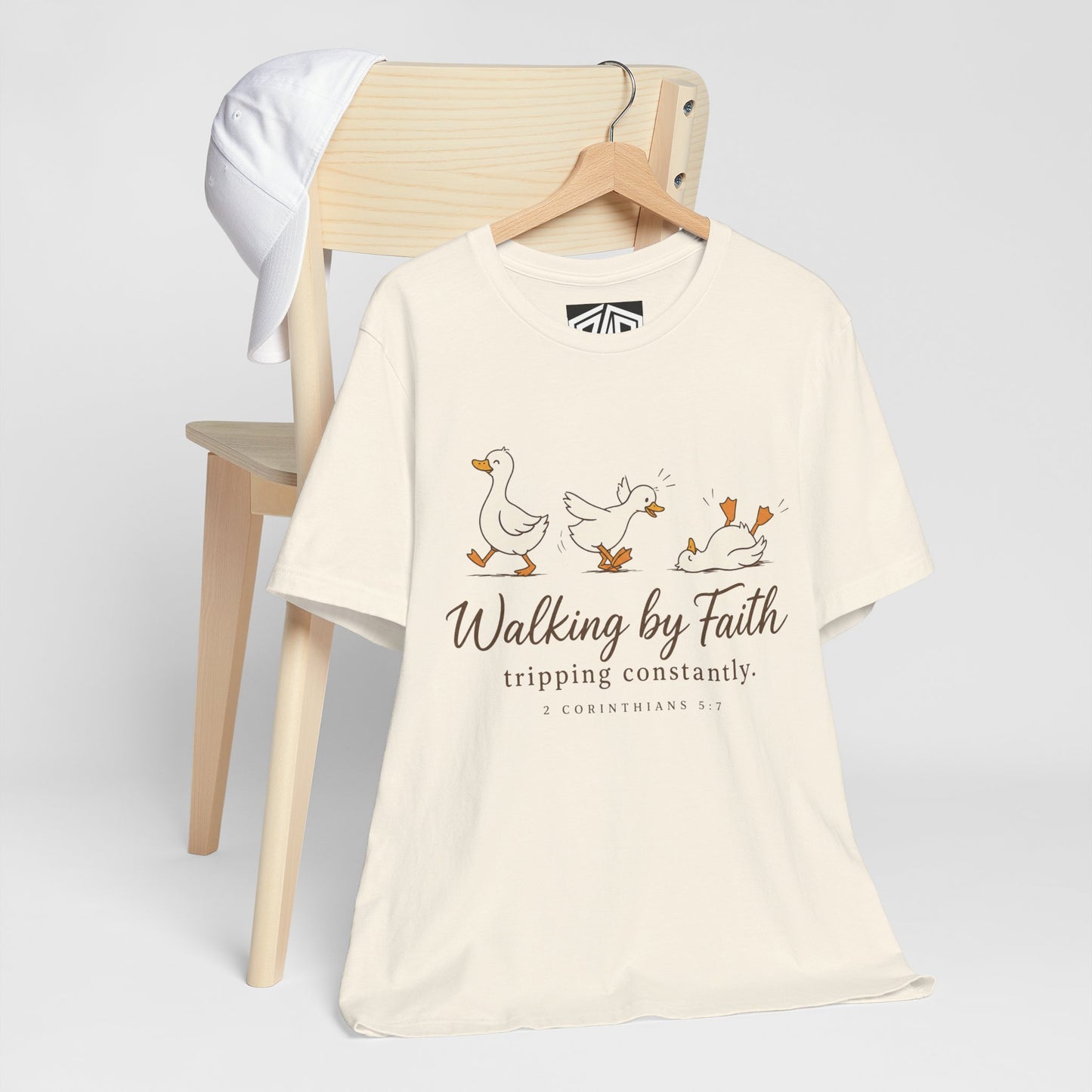 Walking By Faith T-Shirt — Cute Duck Illustration, “Walking by Faith, tripping constantly” Christian Tee