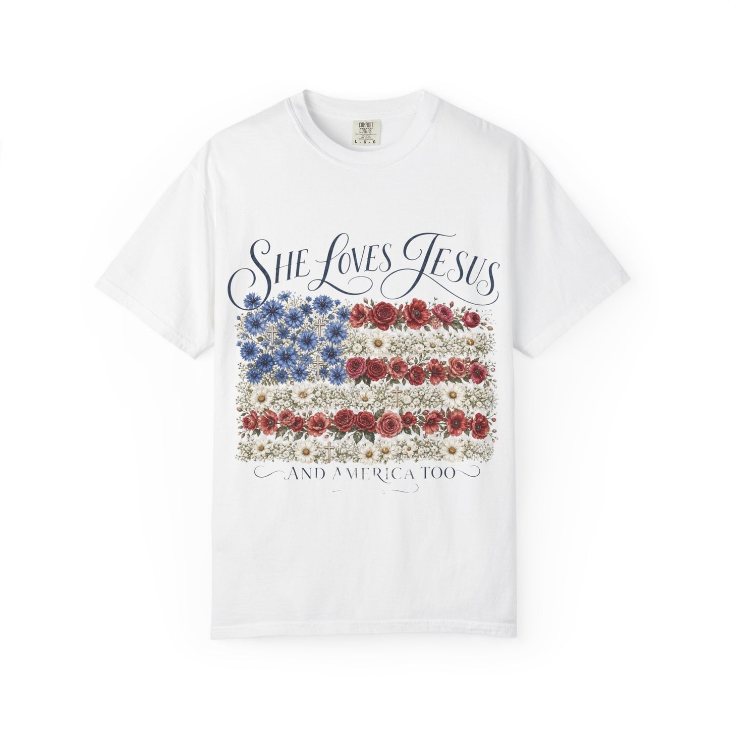 She Loves Jesus Floral American Flag T-Shirt
