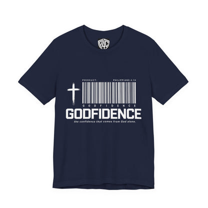 Godfidence T-Shirt — Christian Faith Tee with Cross & Barcode Design