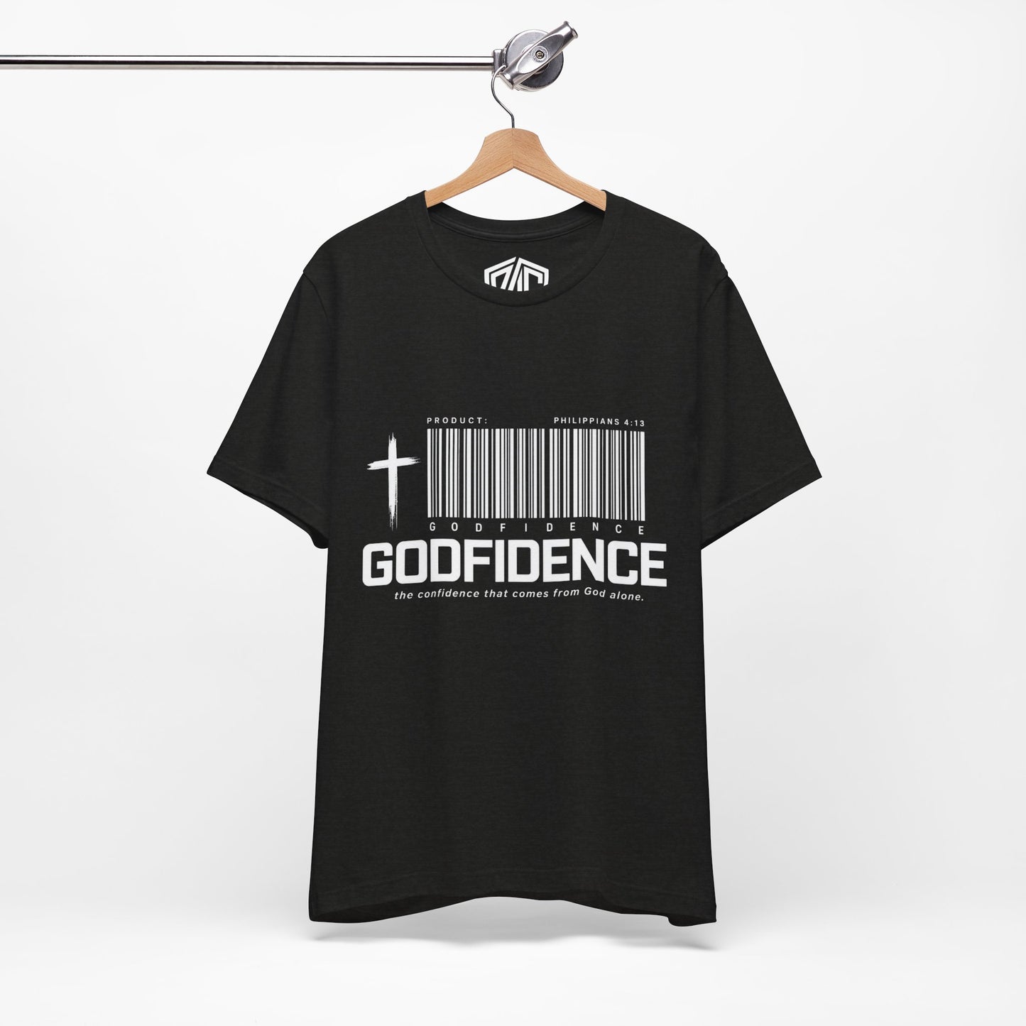 Godfidence T-Shirt — Christian Faith Tee with Cross & Barcode Design