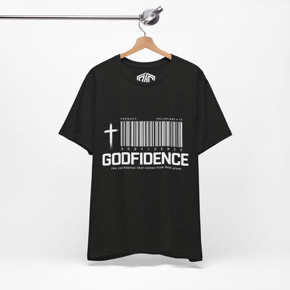 Godfidence T-Shirt — Christian Faith Tee with Cross & Barcode Design