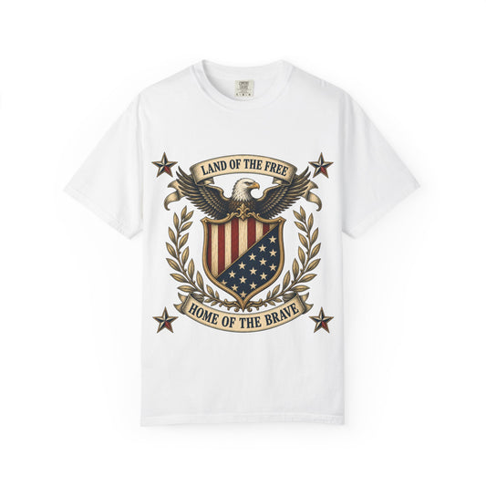 Patriotic Eagle Shield T-Shirt — "Land of the Free, Home of the Brave"
