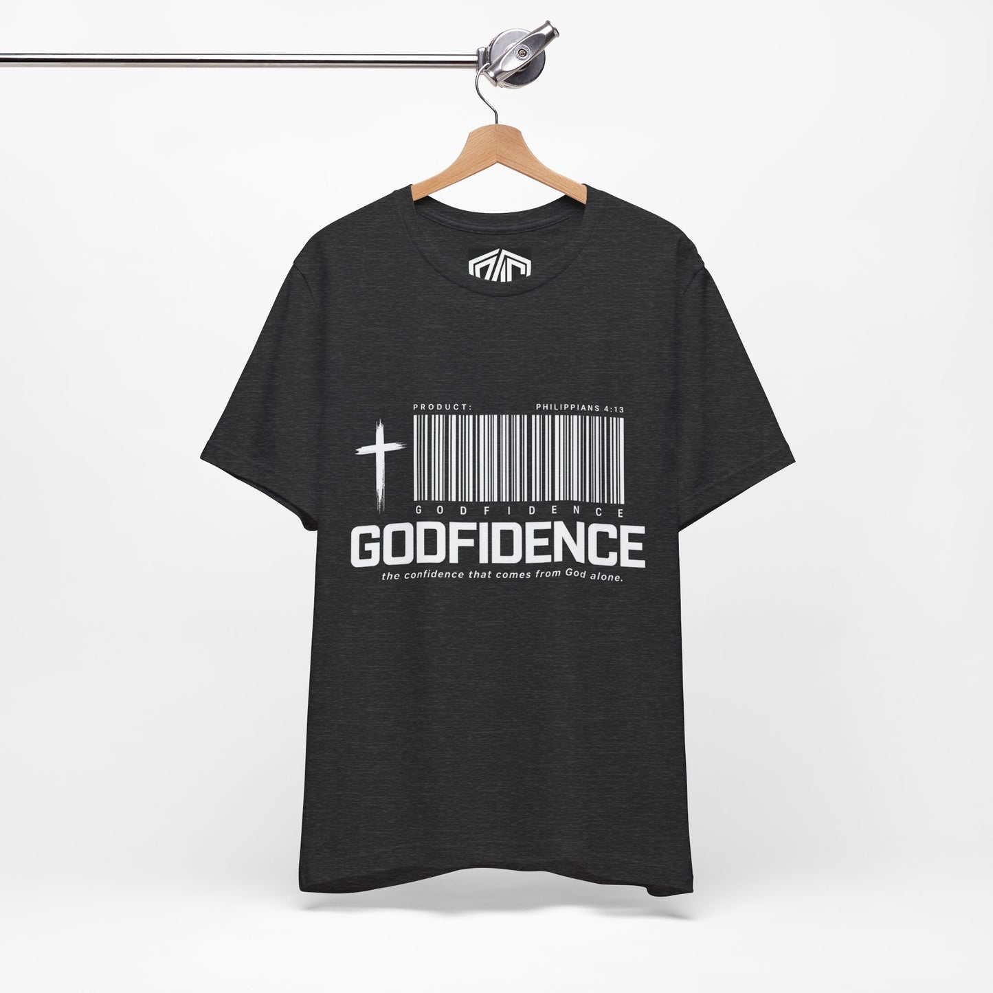 Godfidence T-Shirt — Christian Faith Tee with Cross & Barcode Design