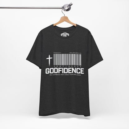Godfidence T-Shirt — Christian Faith Tee with Cross & Barcode Design
