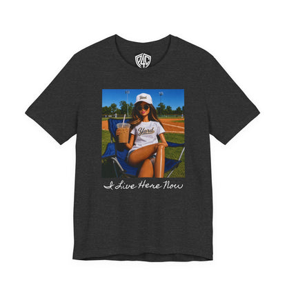 Baseball Barbie Retro Summer Vibes Tee — “I Live Here Now” Graphic T-Shirt